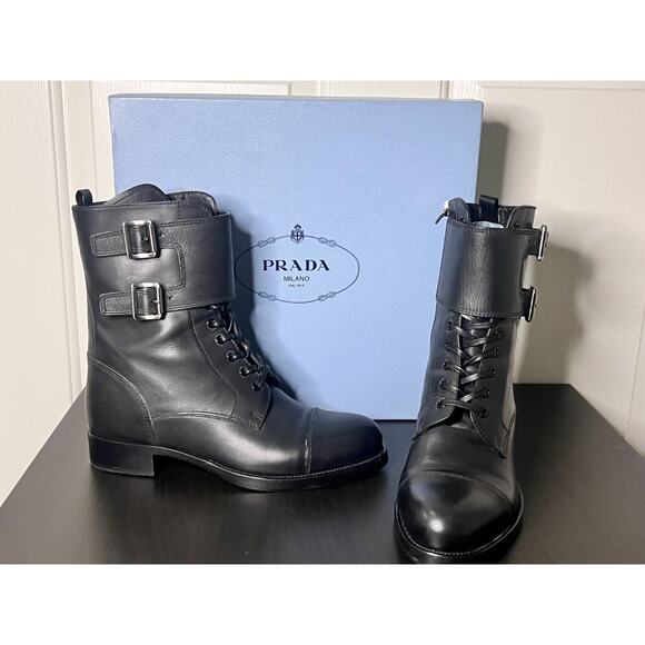 Authenic Rare Prada Calzature Donna Moto Ankle Nero Leather Boots 39 - Picture 3 of 5